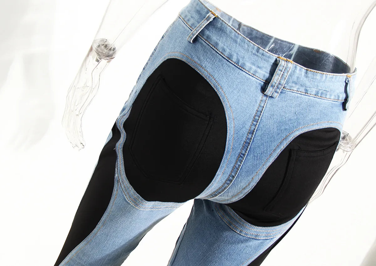 Color Block Women's Jeans Slim Panelled Patchwork High Waist Split Blue Long Denim Pants