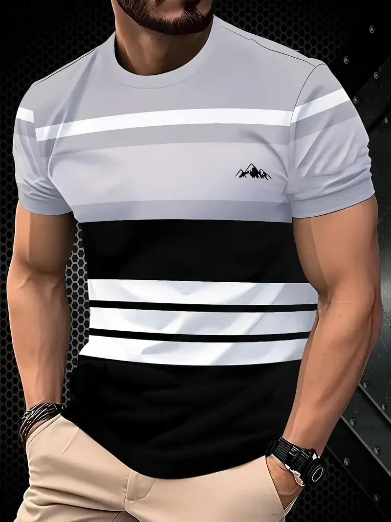 Classic Summer Men's T-shirt Loose Street Stripe Print Short Sleeve Round Neck