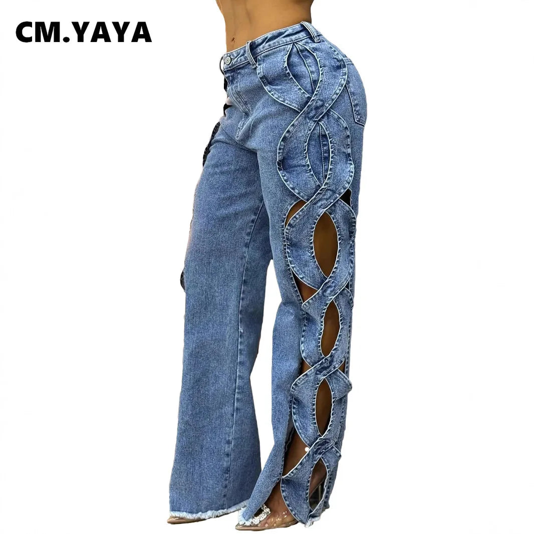 Women Streetwear Cutout Hollow Out Criss Cross Side Wide Leg Blue Denim Pants