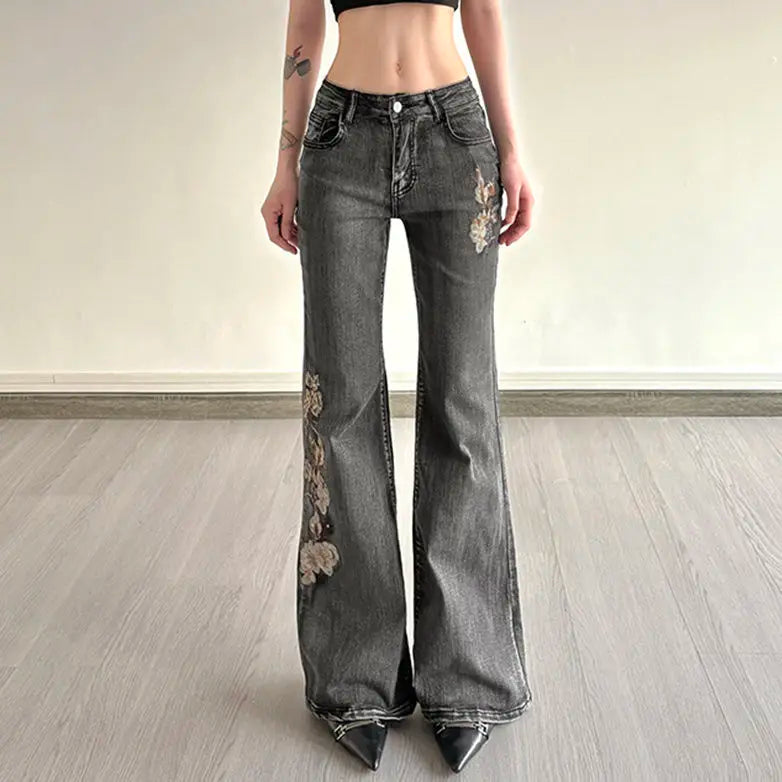 Beaded Embroidered Micro Slim Flare Jeans Street Y2k