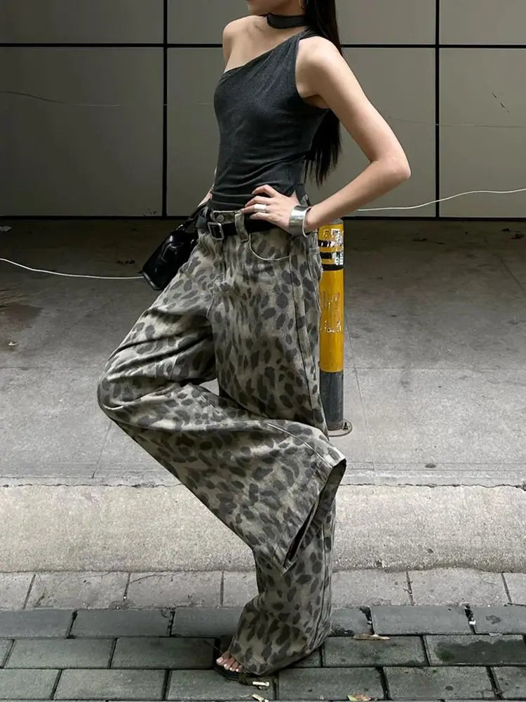 American Vintage Washed Leopard Print Wide Leg Jeans Baggy Jeans Hip Hop Hot Girls Y2k Trousers