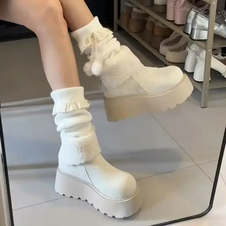 Thick Bottom Warm Anti-Slip Cotton Snow Boots Women's Winter Fleece Lined Booties Non-Slip Rubber Sole Ankle Boots
