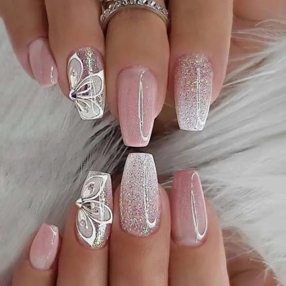 24pcs Gradient Fake Nails French Ballerina Nail Medium Coffin Press on Nails Tips AA6 AA5