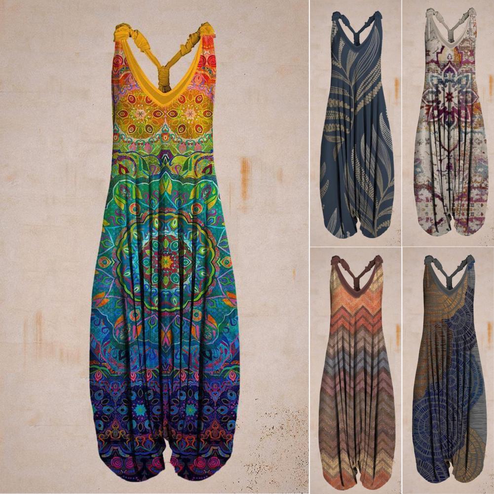 Harem Romper One-piece Jumpsuits Overalls Womens Abstract Print Backless