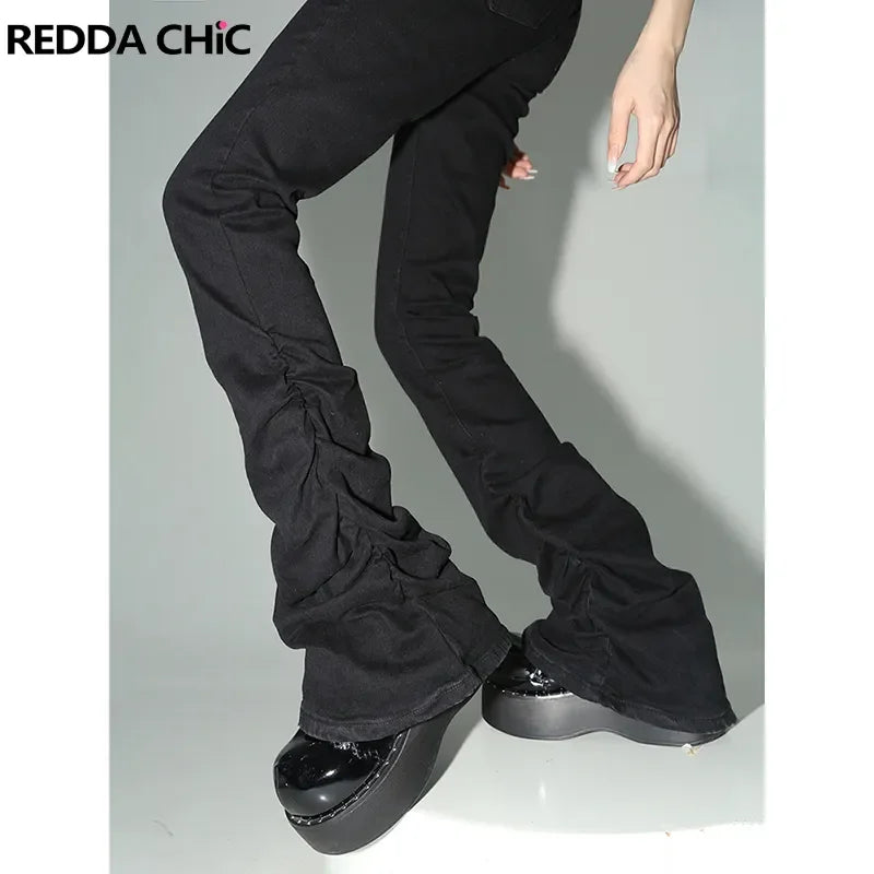 Black Ruched Flare Jeans Women Solid Stretch Bootcut Stacked Pants High Rise Goth black / L black / XL black / S black / L-black / XL-black / S-black / M-