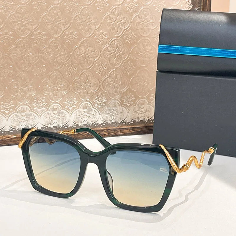 Big Square Alloy Sunglasses Gradient Designer Women Ladies Brand Gradient Uv400 Eyeglasses with Case