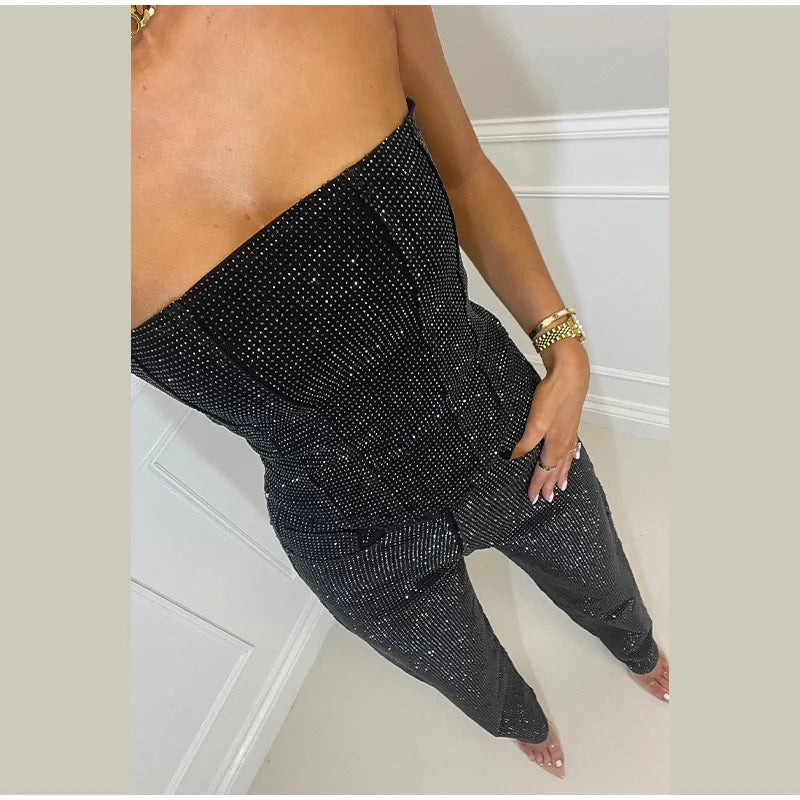 Diamond Vest Jeans Set For Women Sleveless Tube Tops High Waist Pocket Denim