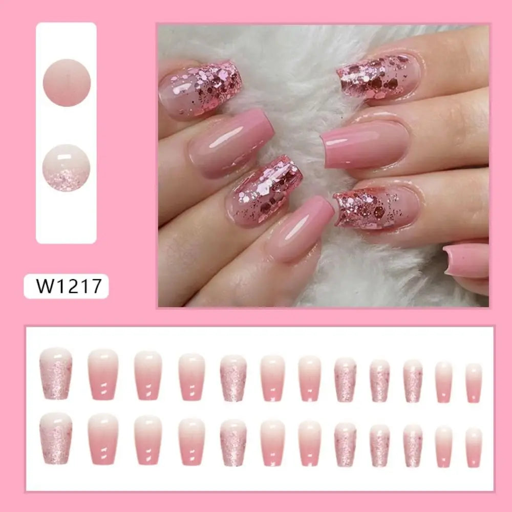 24pcs Gradient Fake Nails French Ballerina Nail Medium Coffin Press on Nails Tips AA6 AA5