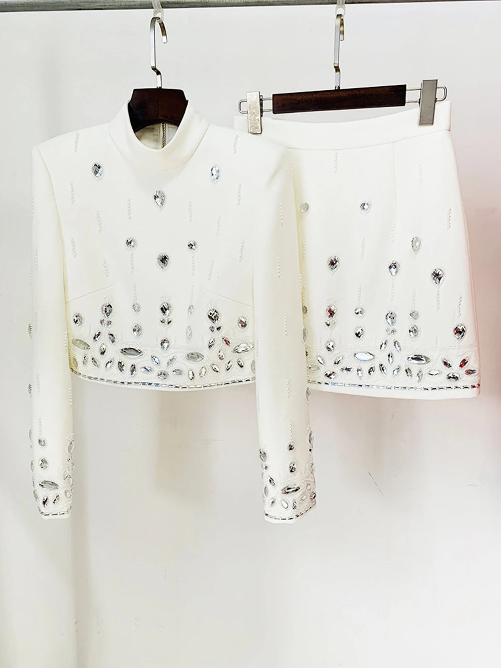 Long Sleeve Short Top and Mini Skirt Suit Outfit, Diamond Beaded Design,High Quality, 2 Pcs Set