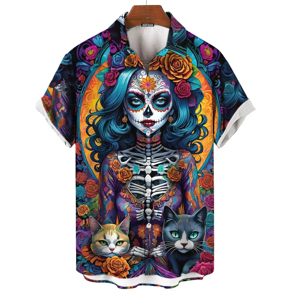 Day Of The Dead Shirt Skull Men's Shirts Skull Face 3d Print Short Sleeve Retro Loose