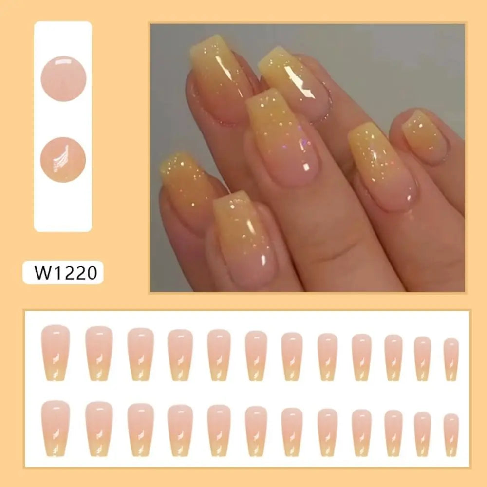 24pcs Gradient Fake Nails French Ballerina Nail Medium Coffin Press on Nails Tips AA6 AA5