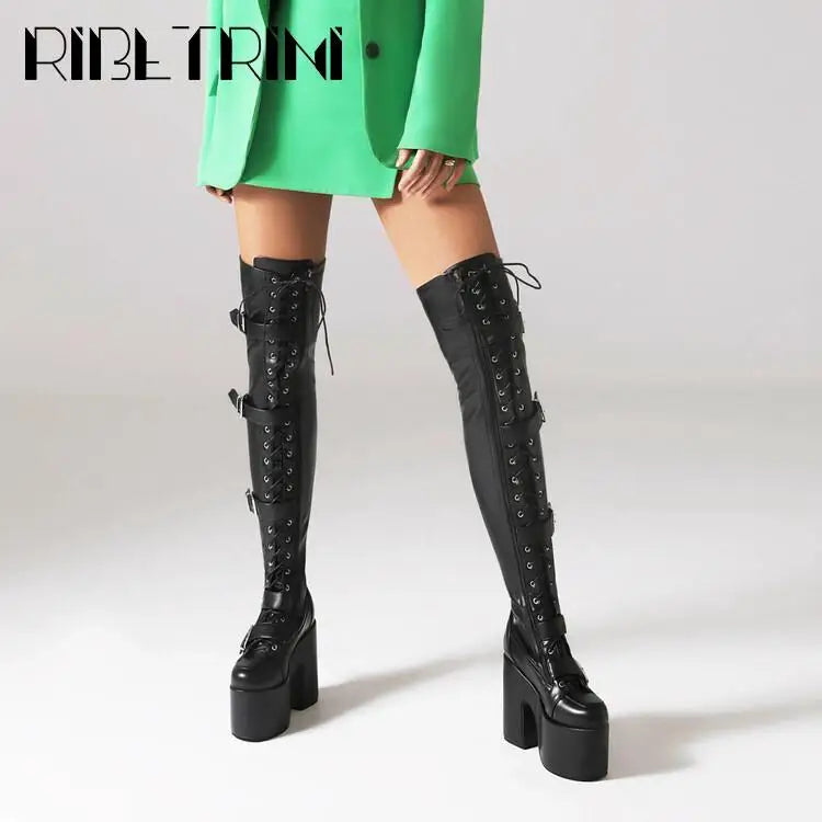 Goth Women Motorcycle Boots Block High Heels Platform Cool Street Boots