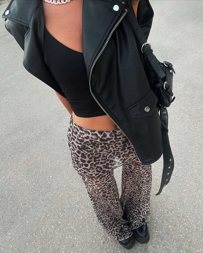 Mesh Leopard Print Trousers High Waist Print Wide Leg Pants Printed