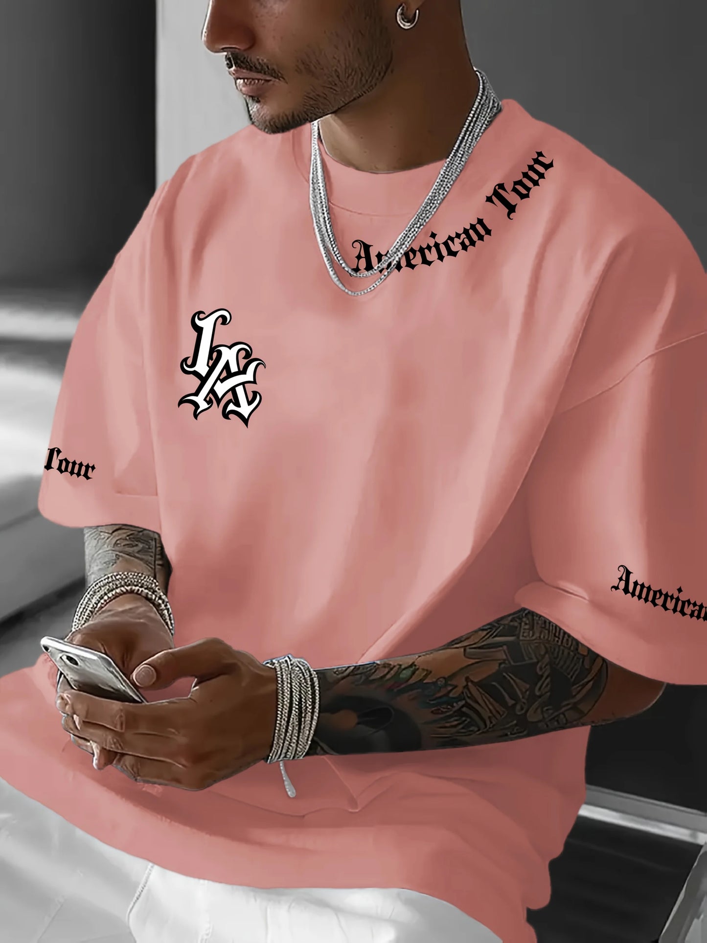 Men's simple LA logo graphic print casual t-shirt stylish round neck short sleeves
