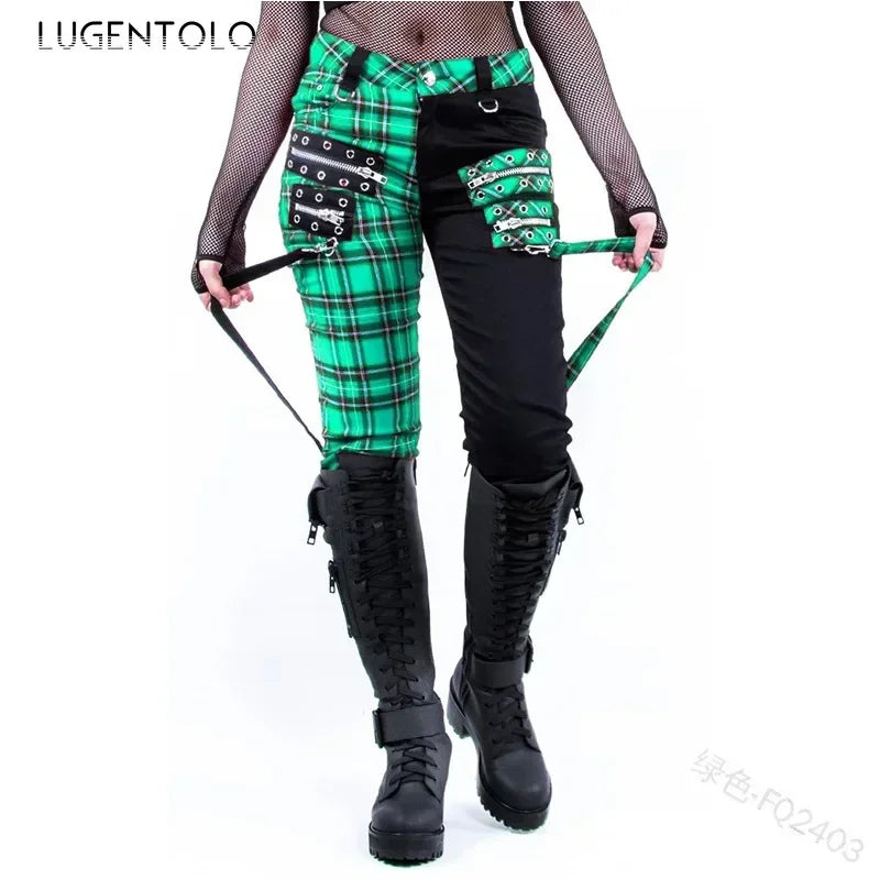 Women Pants Plaid Autumn Trousers Personality Bandage Splice Casual Women's Print Large Size Pencil Clothing