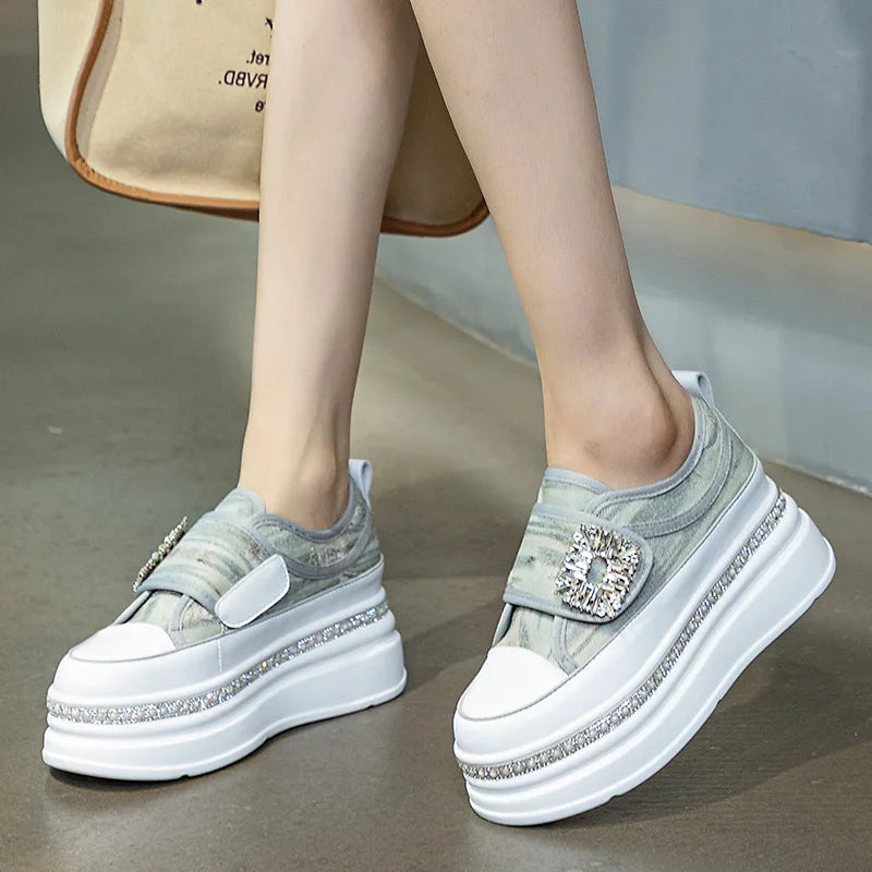 Denim Platform Wedge Genuine Leather Casual Comfy High Brand Chunky Sneakers Hidden Heels Shoes