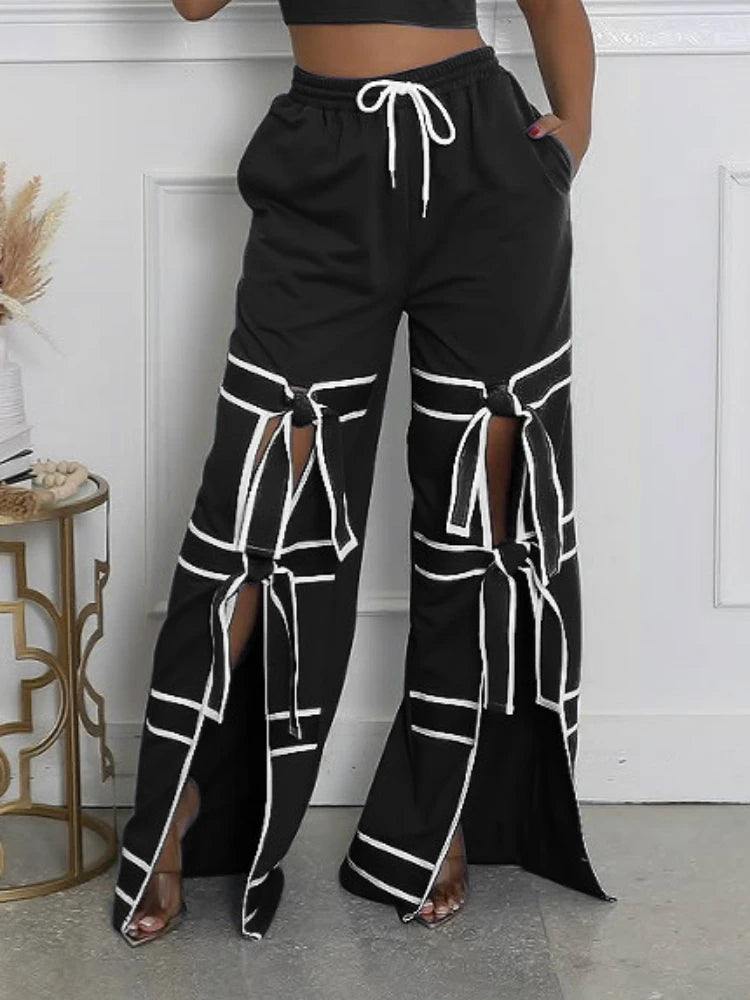 Striped Patchwork Bowknot Split Wide Leg Jogger Trousers