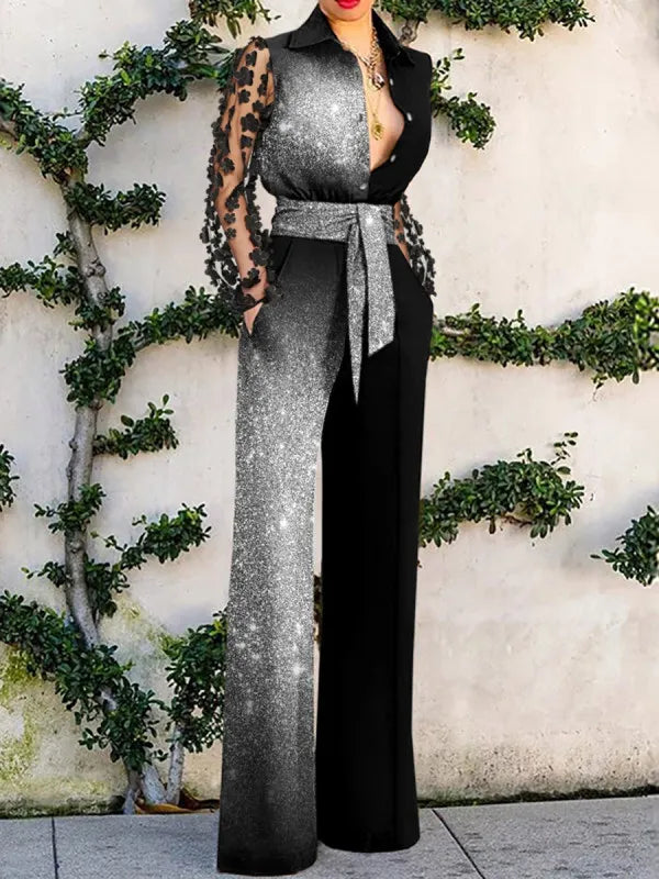 Flower Lace Hollow Out Long Sleeved Leace-up Sequin Jumpsuit