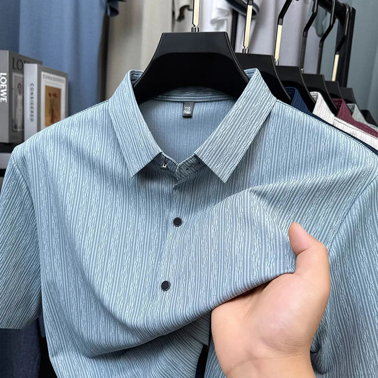 Men's Slim Fit Short Sleeve Dress Shirt Premium Spandex Stretch Fabric Solid Colors Business Casual