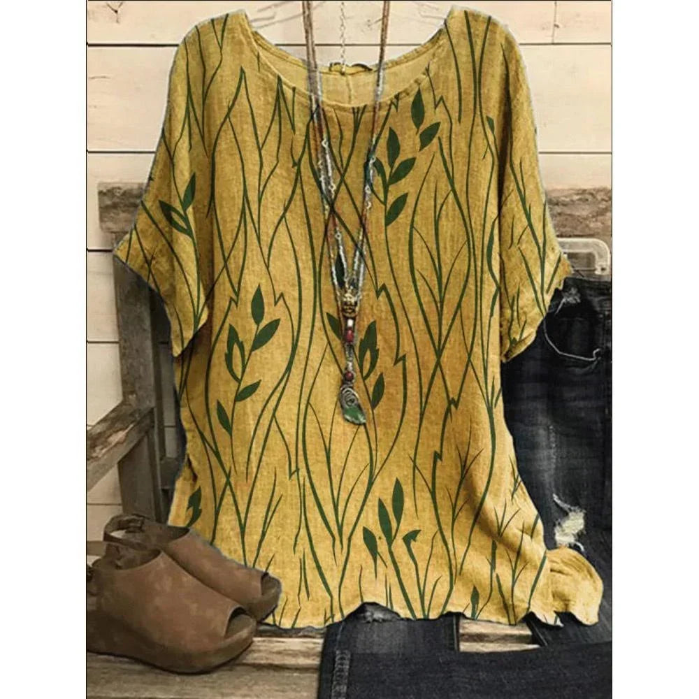 Casual Loose Leaves Print Blouse T-shirt Ladies Fashion Vintage Blouse Unique Half Sleeves