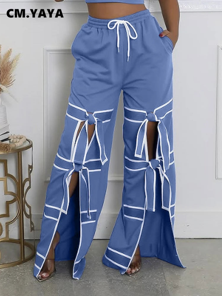 Striped Patchwork Bowknot Split Wide Leg Jogger Trousers