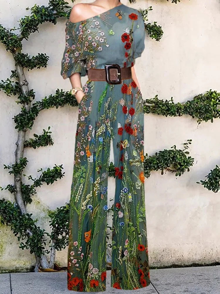 Elegant Pattern Print Party Jumpsuit Off Shoulder Wide Leg Pant Playsuit