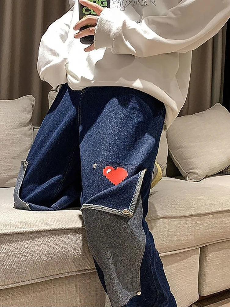 Wide Leg Baggy Cargo Jeans Pants Men Heart Oversize Straight Casual Denim Long Trousers Streetwear