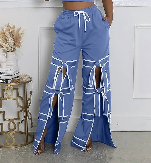 Striped Patchwork Bowknot Split Wide Leg Jogger Trousers