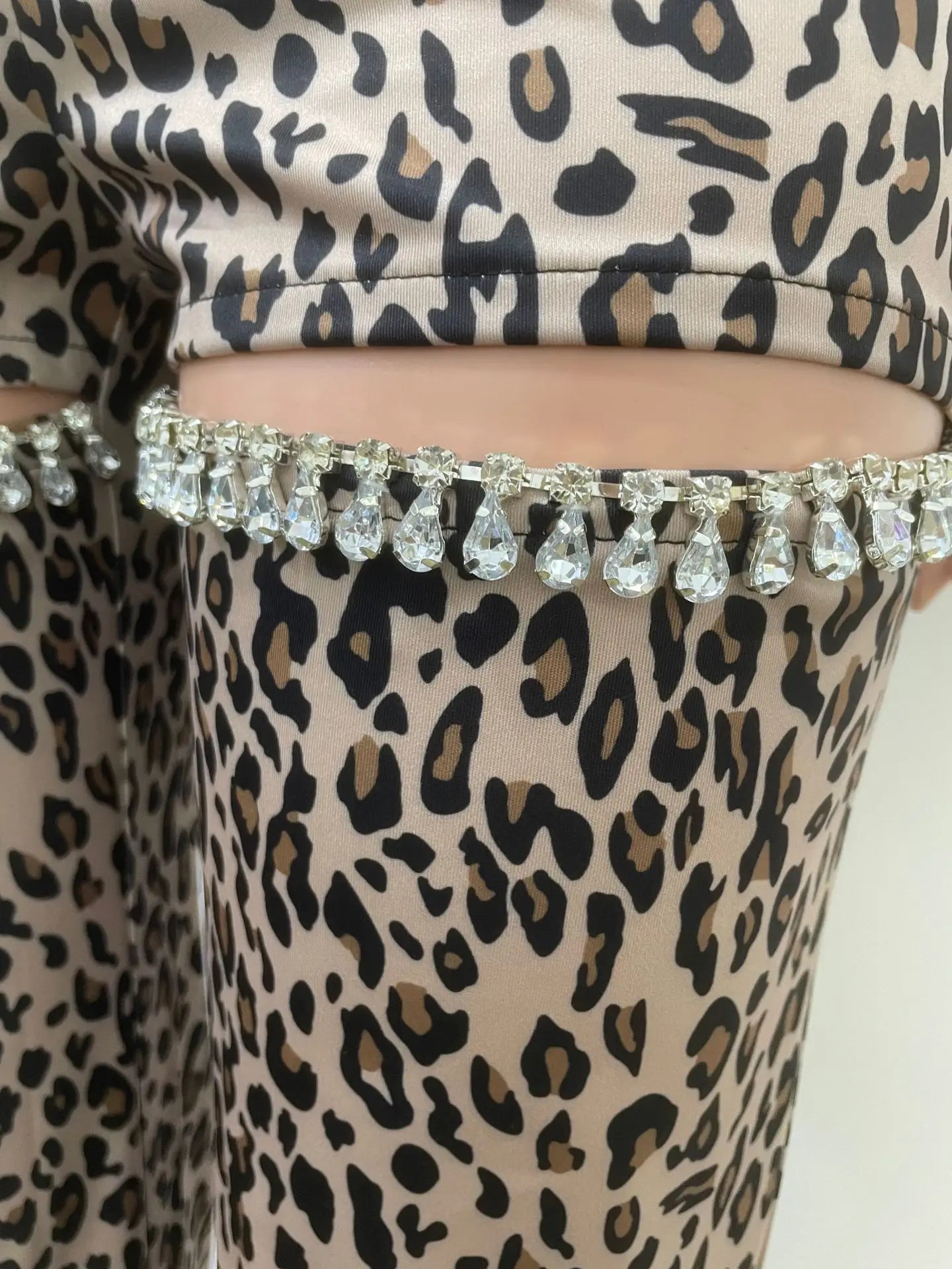 Cutout Diamonds Crystal Hollow Out Straight Pants Leopard Print High Waist Wide Leg