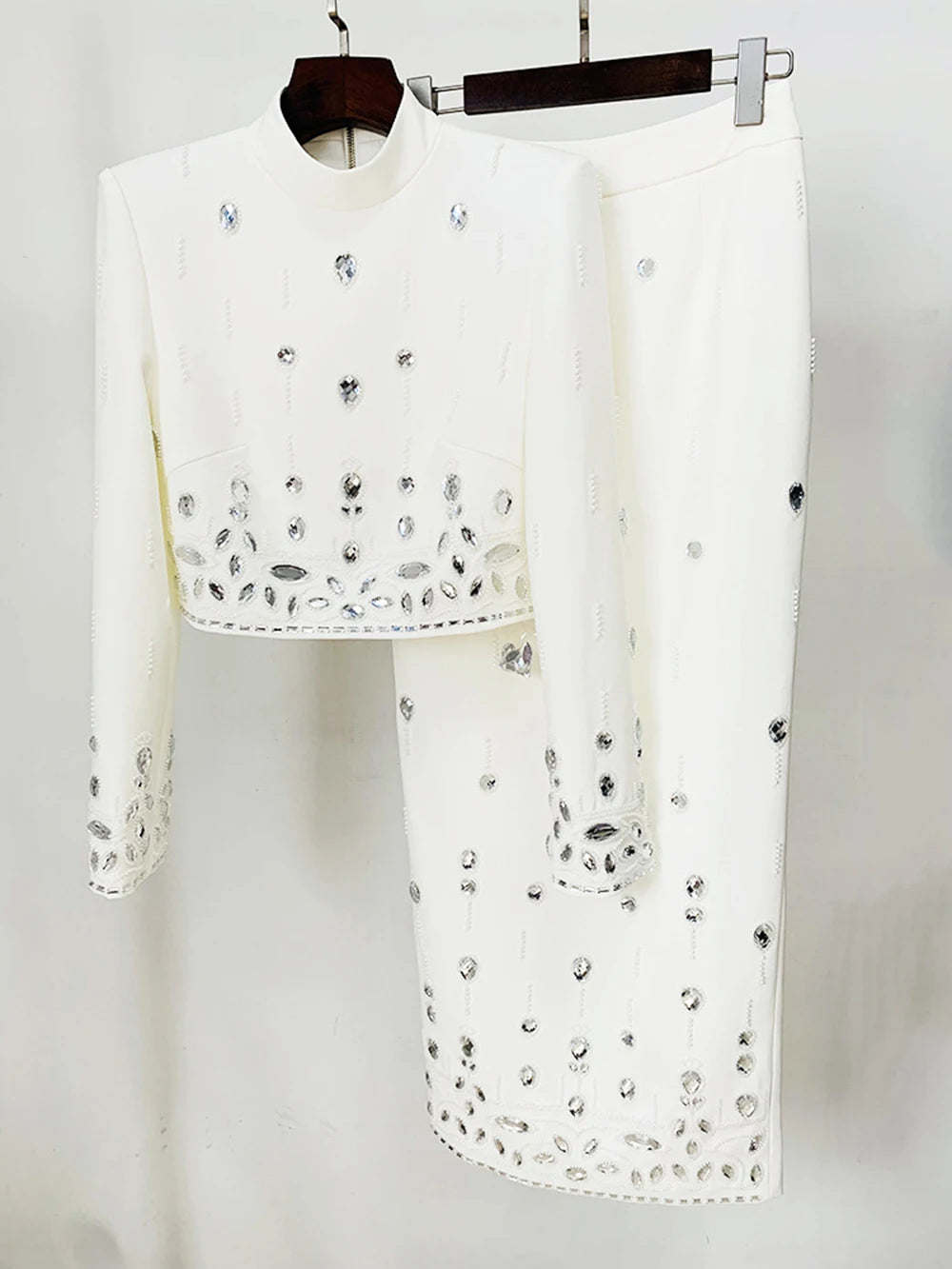 Long Sleeve Short Top and Mini Skirt Suit Outfit, Diamond Beaded Design,High Quality, 2 Pcs Set