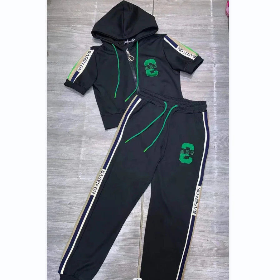 Women's Fashion Tracksuit Casual Suit Short Sleeve Hooded Top Pants Two Piece Set For Women