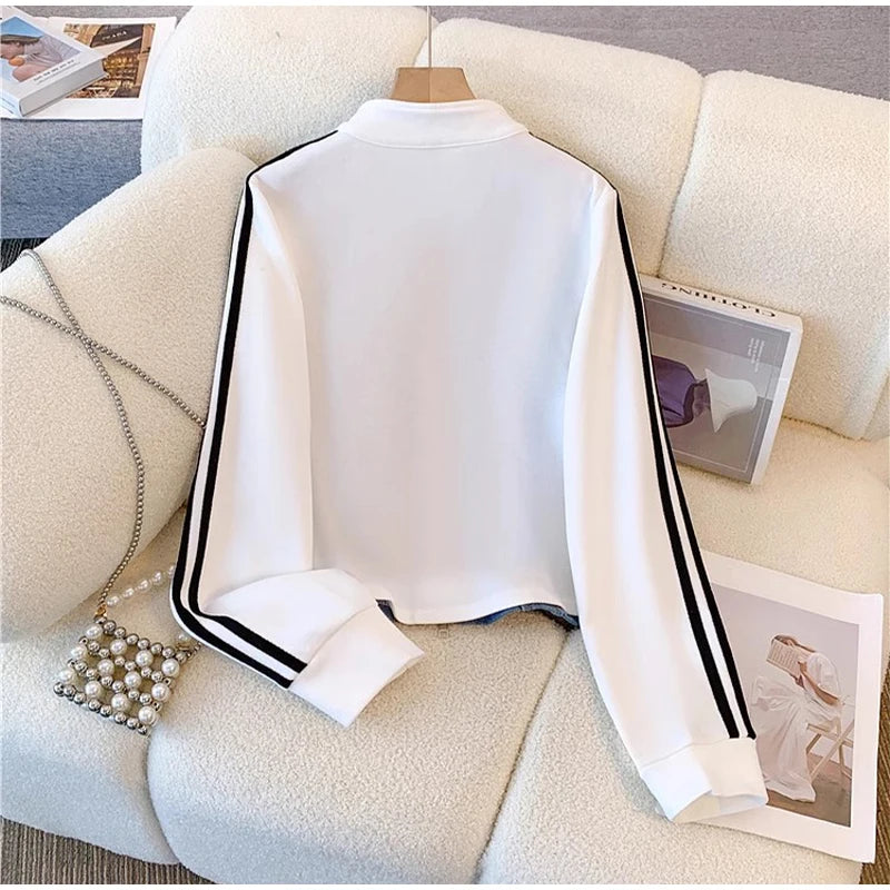Women Preppy Style Patchwork Contrast Denim Sets Stand Collar Elastic Jeans 2 Piece Suit Streetwear Comfort