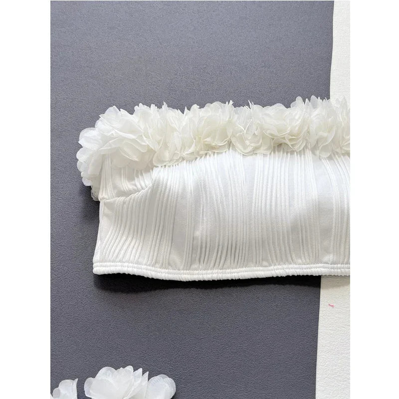 Lace Ruffle Strapless Backless Bikini Set White High Waist Swimwear