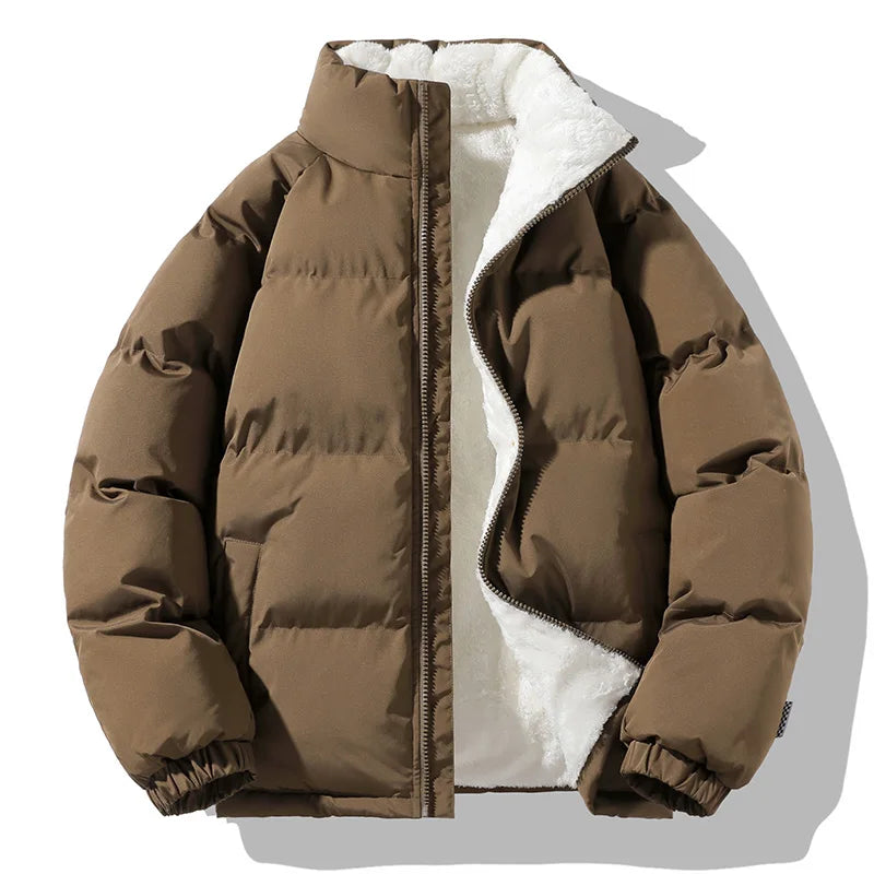 Warm Parka Coat Fleece Inside Male Solid Color Stand Collar Cotton Jacket Men's