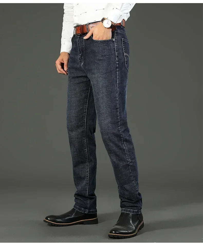 Men Classic Jeans Straight Regular Blue Stretch Denim Trousers Men's