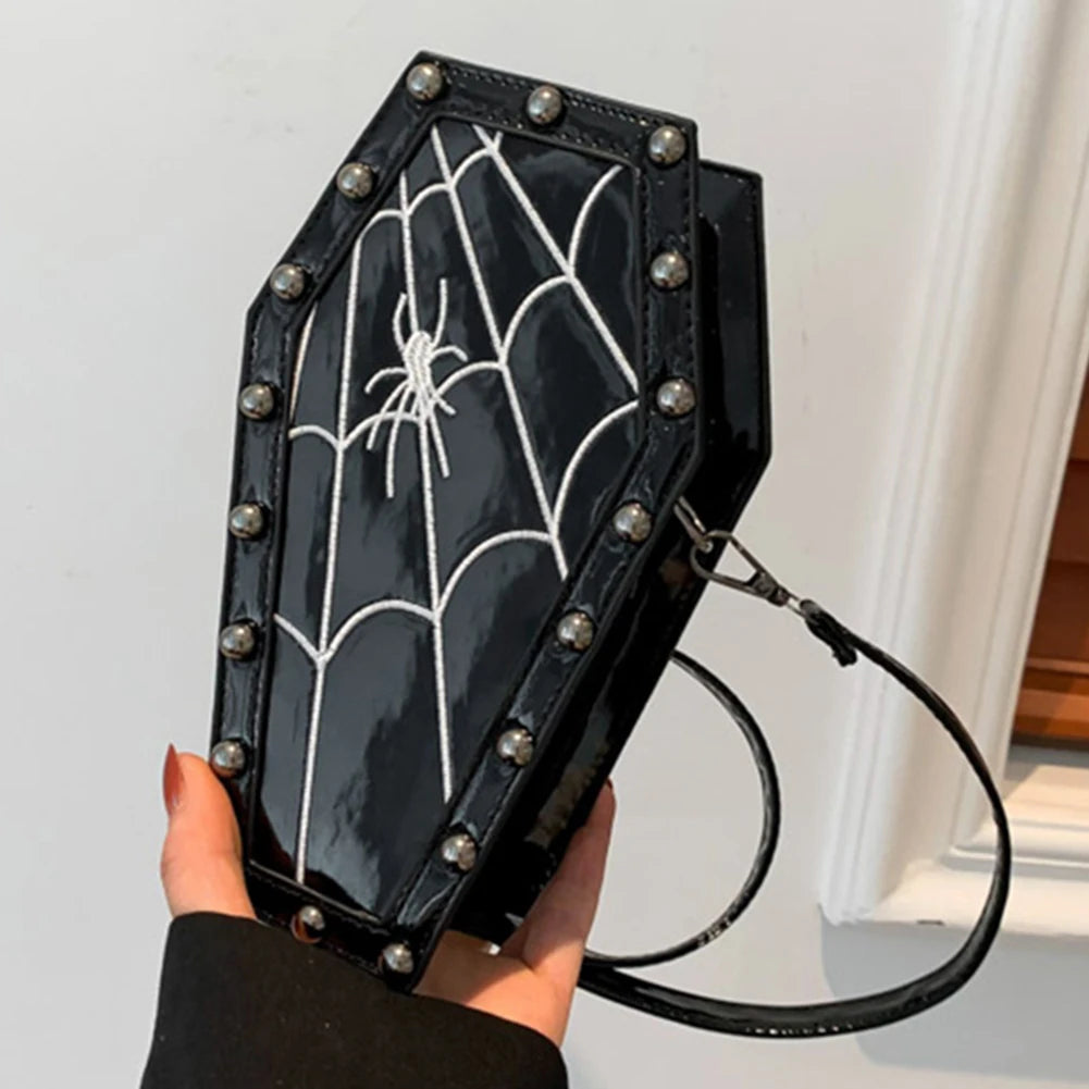 Women Coffin Satchel Purse Cartoon Gothic Coin Purse Strap Adjustable Casual Spider Coffin Bag