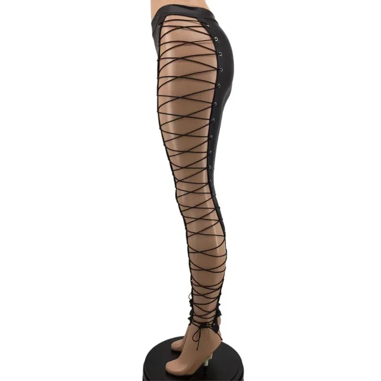 Women's Lace Up PU Leather Pants Chic High Waist Hollow Out Drawstring Bandage Cut Out Faux Leather Trousers