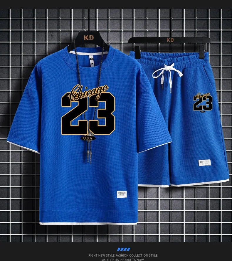 High Quality Men's Korea Comfortable and Summer Fashion Print Sports Suit Fitness Jogging Daily Casual Wear Beach Shorts Set