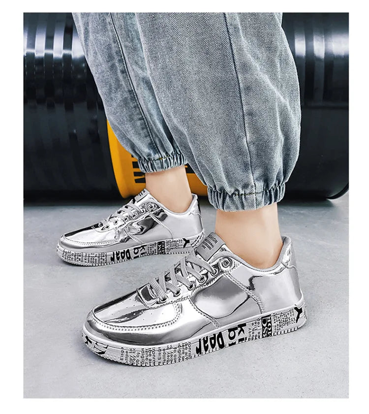 Brand Fashion Mirror Luxury Shoes for Men Women Glitter Leather Shoes Casual Men Golden