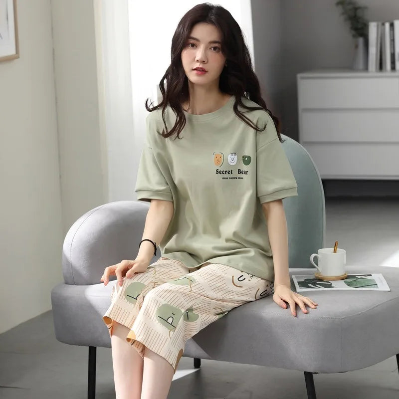 Half-Sleeve Seven-Quarter Trousers Student Nightwear Set Round Neck Cartoon Ladies Pajamas Loungewear