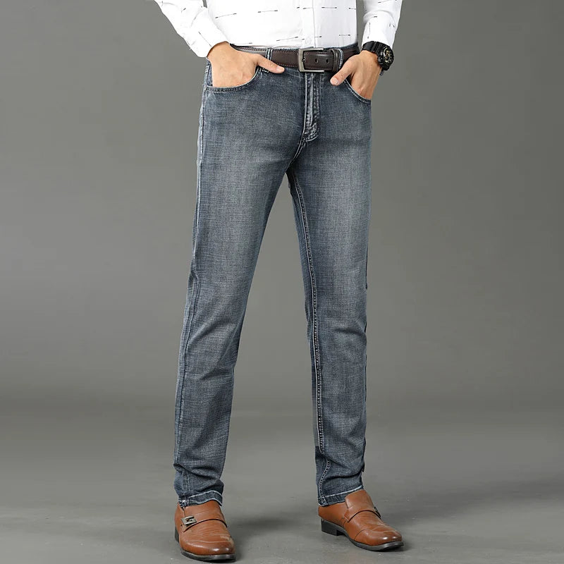 Men Classic Jeans Straight Regular Blue Stretch Denim Trousers Men's
