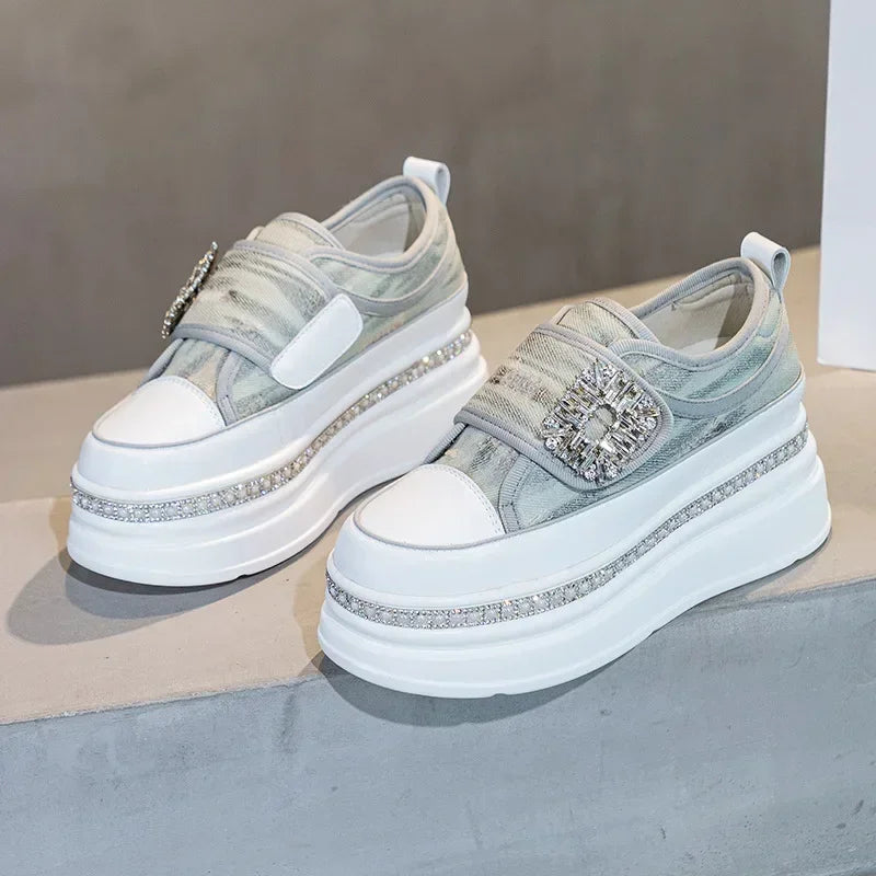 Denim Platform Wedge Genuine Leather Casual Comfy High Brand Chunky Sneakers Hidden Heels Shoes