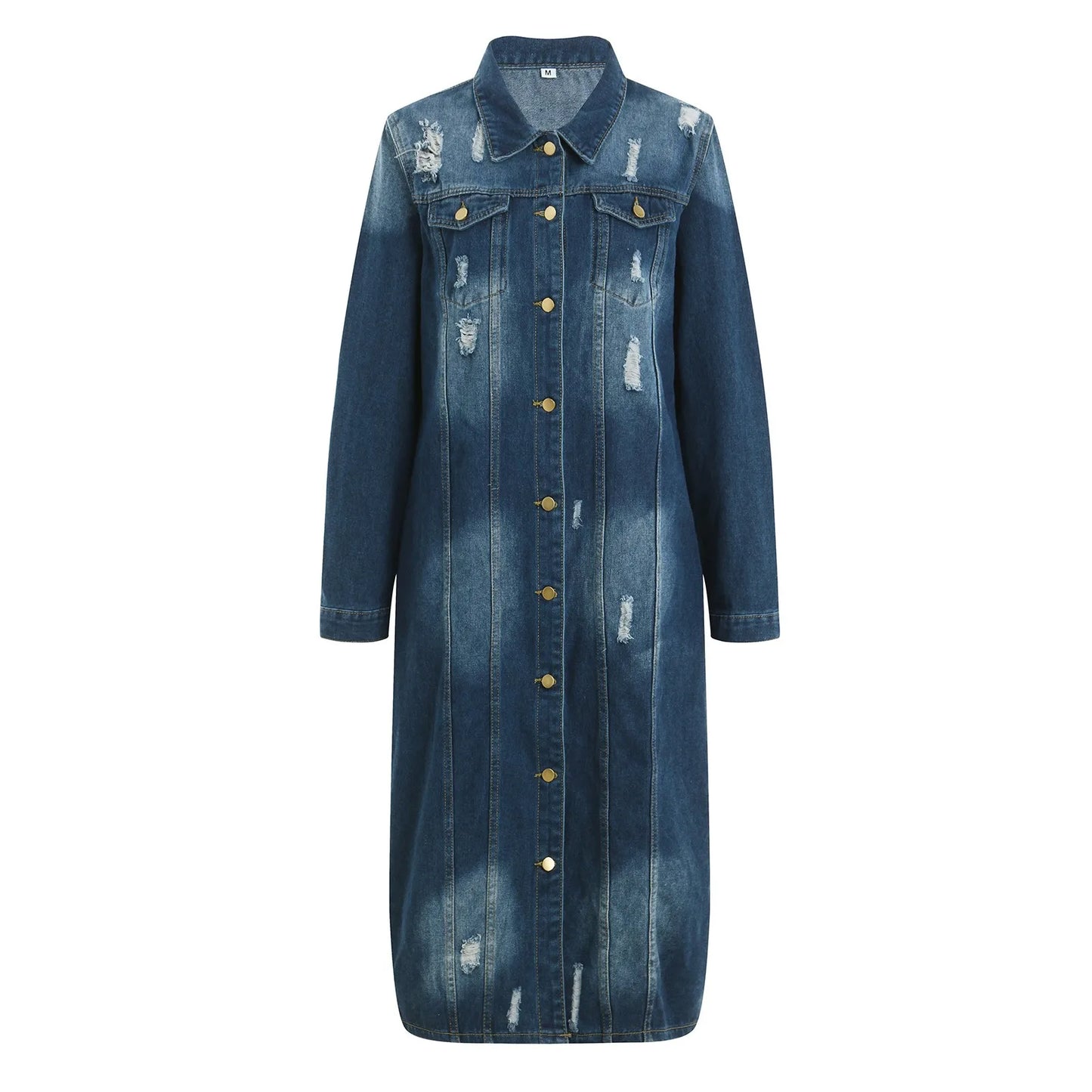 Ripped Holes Maxi Long Denim Jacket Trench Coat Plus Size Casual Denim Jacket