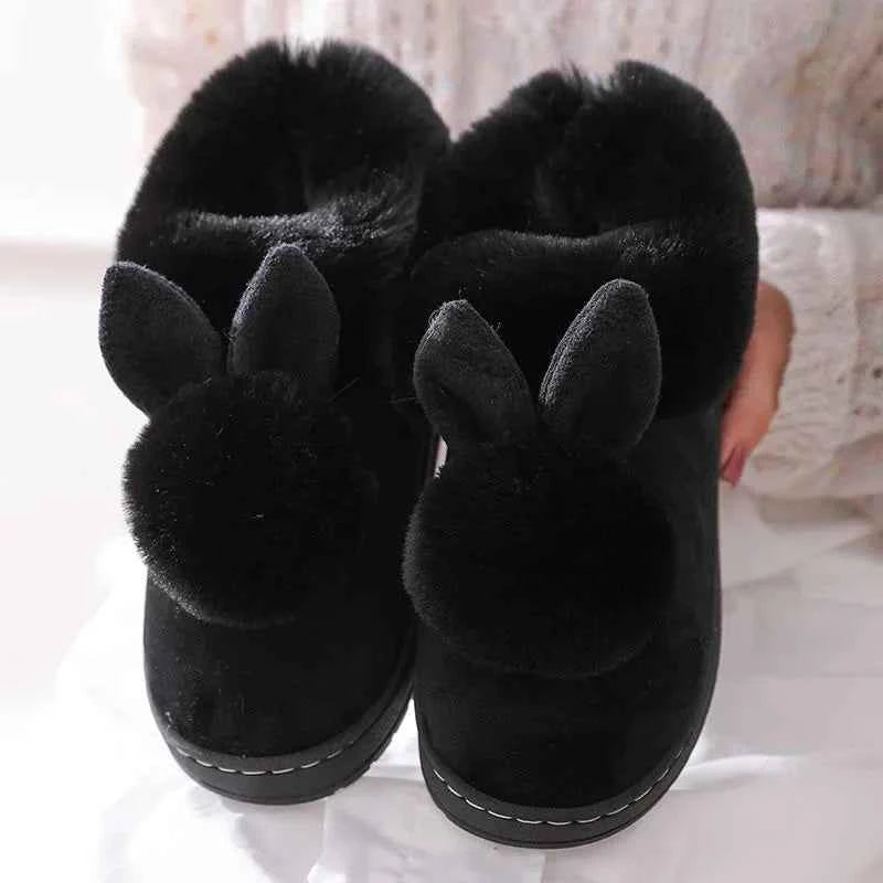 Fluffy Snow Boots Winter Warm Rabbit Ears Thick Bottom Cotton Shoes Anti Slip Solid Color black B 40-41