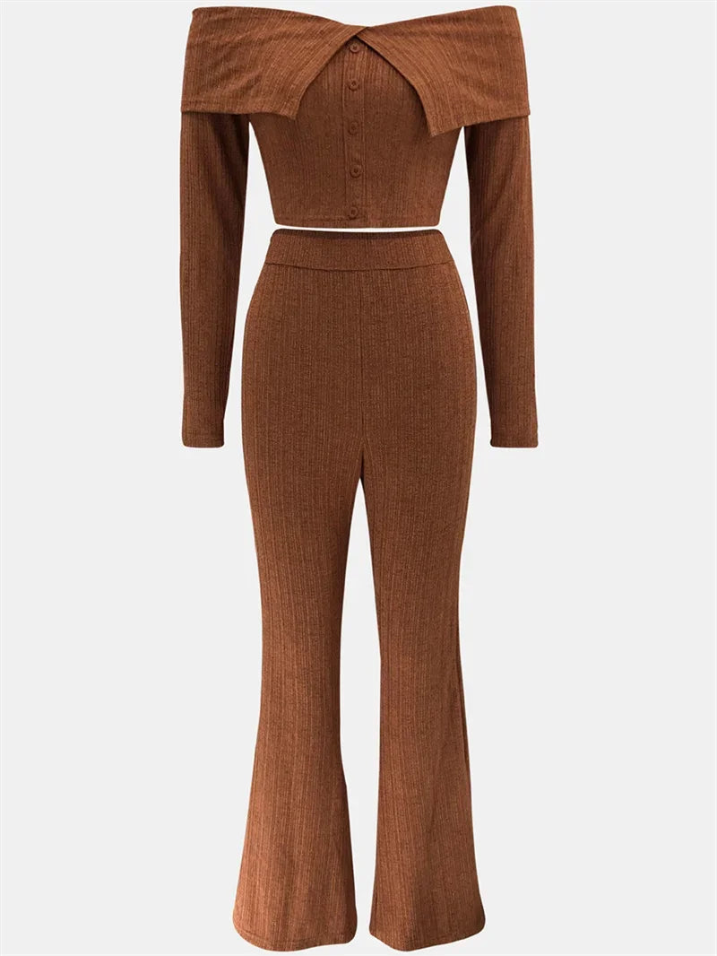 Knitted Two Piece Set Off Shoulder Slash Neck Crop Top and Flare Pants Set