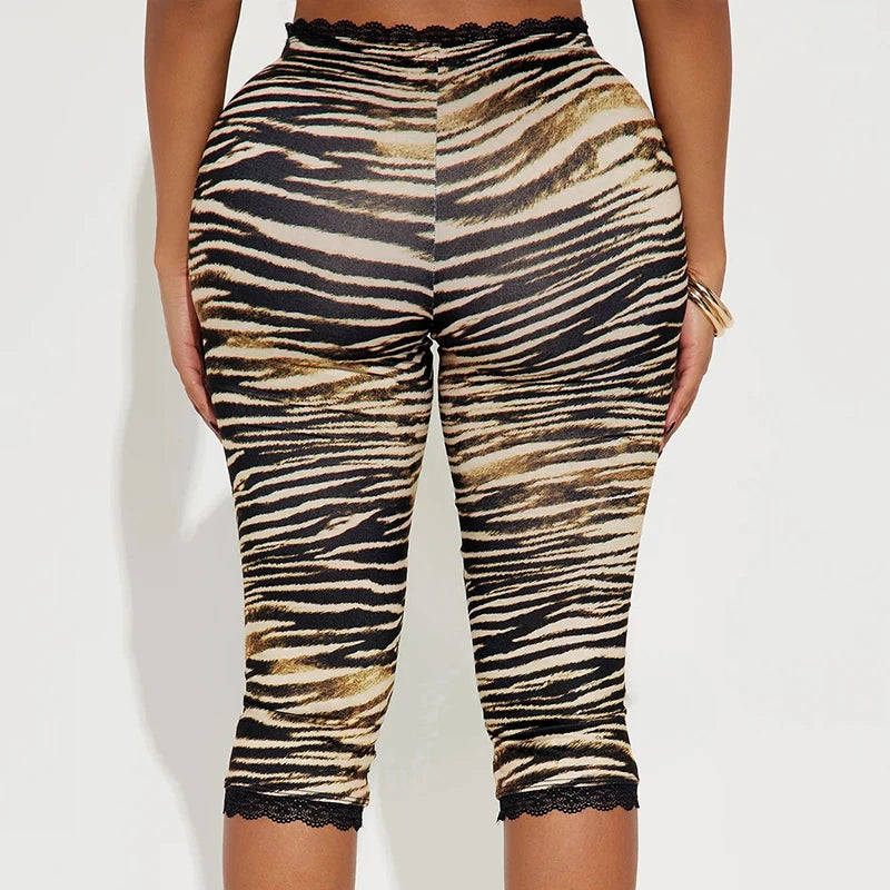 Lace Edge Bow Decoration Leopard Print Slim Seven Pants Summer