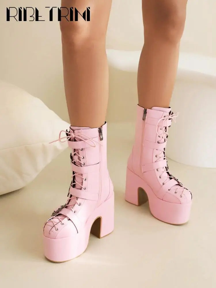 Goth Women Motorcycle Boots Block High Heels Platform Cool Street Boots