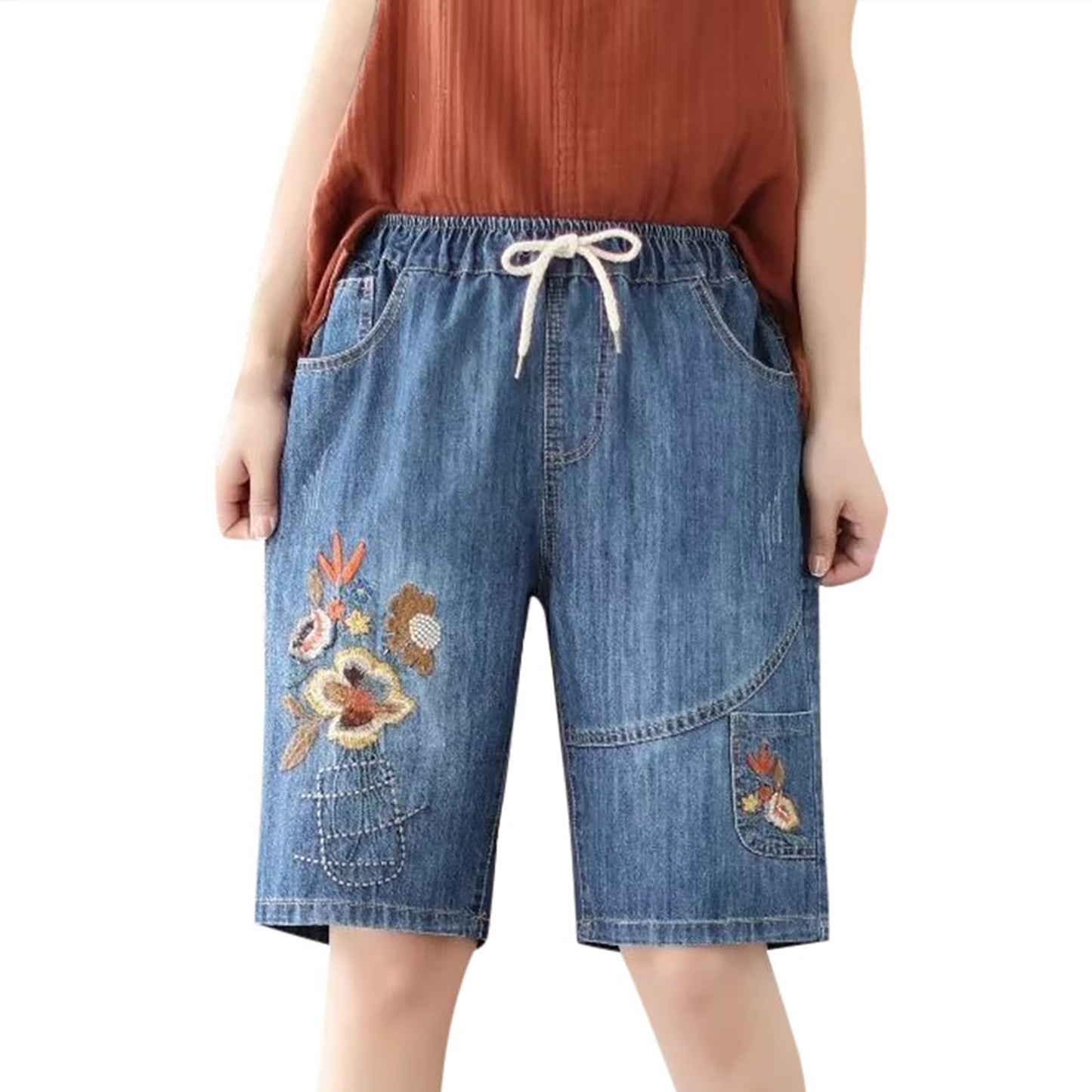 Women Summer Embroidery Self Tie Plus Size Mid Length Pants Artistic Casual Ripped Yellow / M / United States Yellow / XL / United States Red / L / United States Yellow / M / United States-Yellow / XL / United States-Red / L / United States-Red / M / United States-Red / XL / United States-Yellow / L / United States-