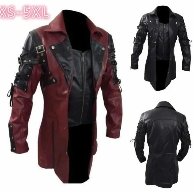 Men's Gothic Trench Coat Leather Punk Style Biker Jacket
