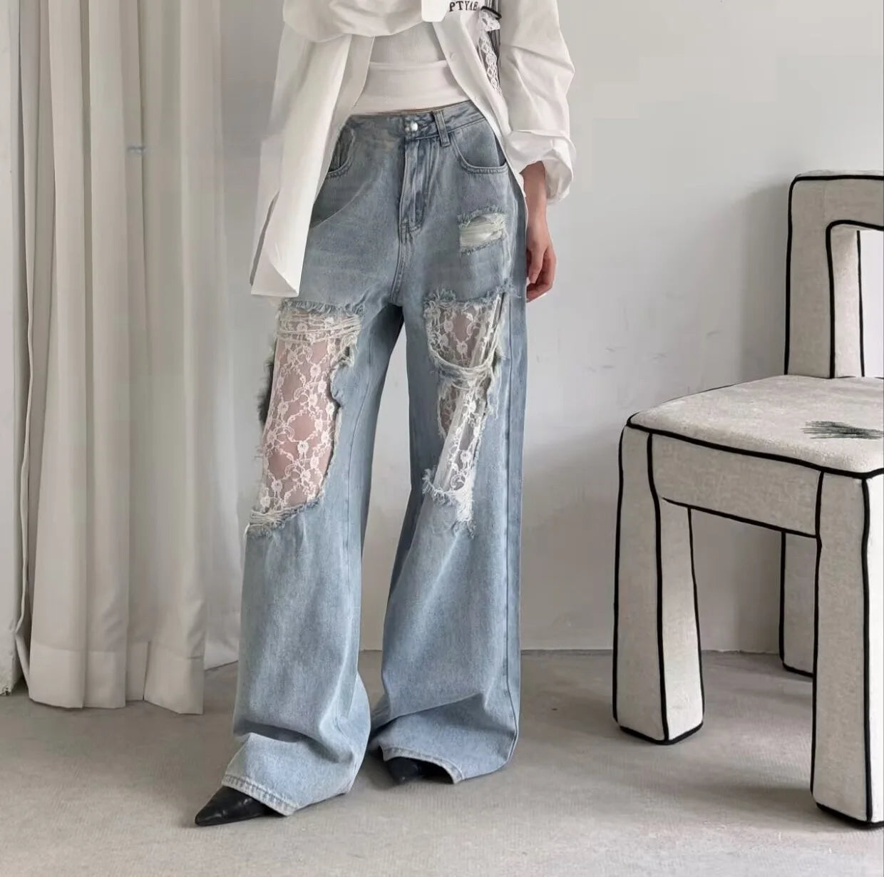 American Style Hottie Hole Lace Spliced Jeans for Women Y2k Fashion High Waist Loose Wide Leg Pants